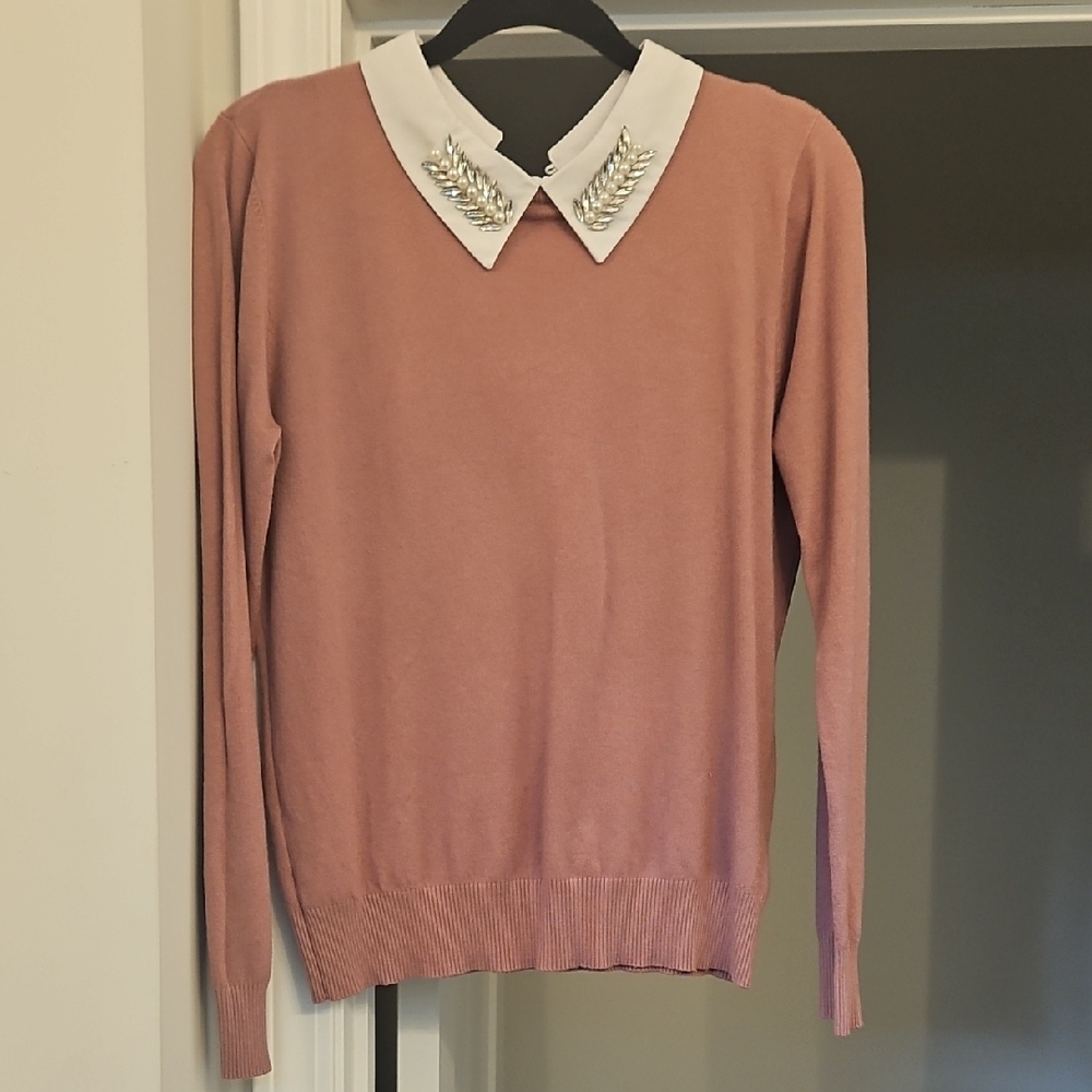 Embellished Collar Pink Sweater